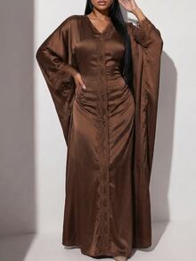 Veilorie Women's Elegant Solid Color Lace Patchwork Batwing Sleeve Dress Evening Coffee Brown Autumn - Coffee Brown - View 7