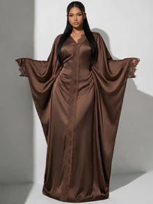 Veilorie Women's Elegant Solid Color Lace Patchwork Batwing Sleeve Dress Evening Coffee Brown Autumn - Coffee Brown - View 1