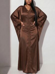 Veilorie Women's Elegant Solid Color Lace Patchwork Batwing Sleeve Dress Evening Coffee Brown Autumn - Coffee Brown - View 9