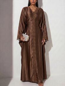 Veilorie Women's Elegant Solid Color Lace Patchwork Batwing Sleeve Dress Evening Coffee Brown Autumn - Coffee Brown - View 4