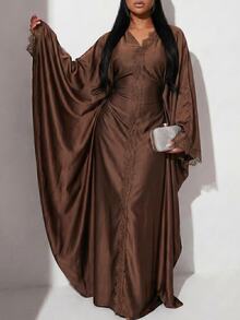 Veilorie Women's Elegant Solid Color Lace Patchwork Batwing Sleeve Dress Evening Coffee Brown Autumn - Coffee Brown - View 8
