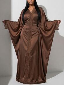 Veilorie Women's Elegant Solid Color Lace Patchwork Batwing Sleeve Dress Evening Coffee Brown Autumn - Coffee Brown - View 2