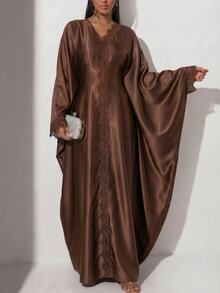 Veilorie Women's Elegant Solid Color Lace Patchwork Batwing Sleeve Dress Evening Coffee Brown Autumn - Coffee Brown - View 6