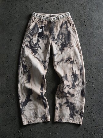 Street Life Jean en denim lavé doux Y2K style américain Wasteland, tie-dye sombre, imprimé numérique usé, vintage jauni, coupe ample baggy, pantalon long unisexe High Street