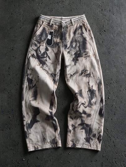 Street Life Jeans de mezclilla suave lavados con estampado digital desgastado estilo Y2K Dark Tie-Dye American Wasteland, unisex, vintage amarillento, pantalones largos holgados y anchos de estilo High Street