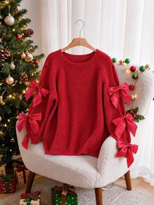 Story & Sage Women's Fall Casual Romantic Y2k Cute Bowknot Decor Sweater Dinner Party Everyday Going Out Red School Homecoming Christmas - Red - View 1