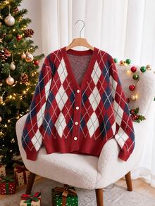 Story & Sage Women's Diamond Pattern Long Sleeve Single-Breasted Vintage Preppy Knit Cardigan Back To School Picnic Homecoming Sweater Autumn Brunch Navy Blue - Multicolor - View 1