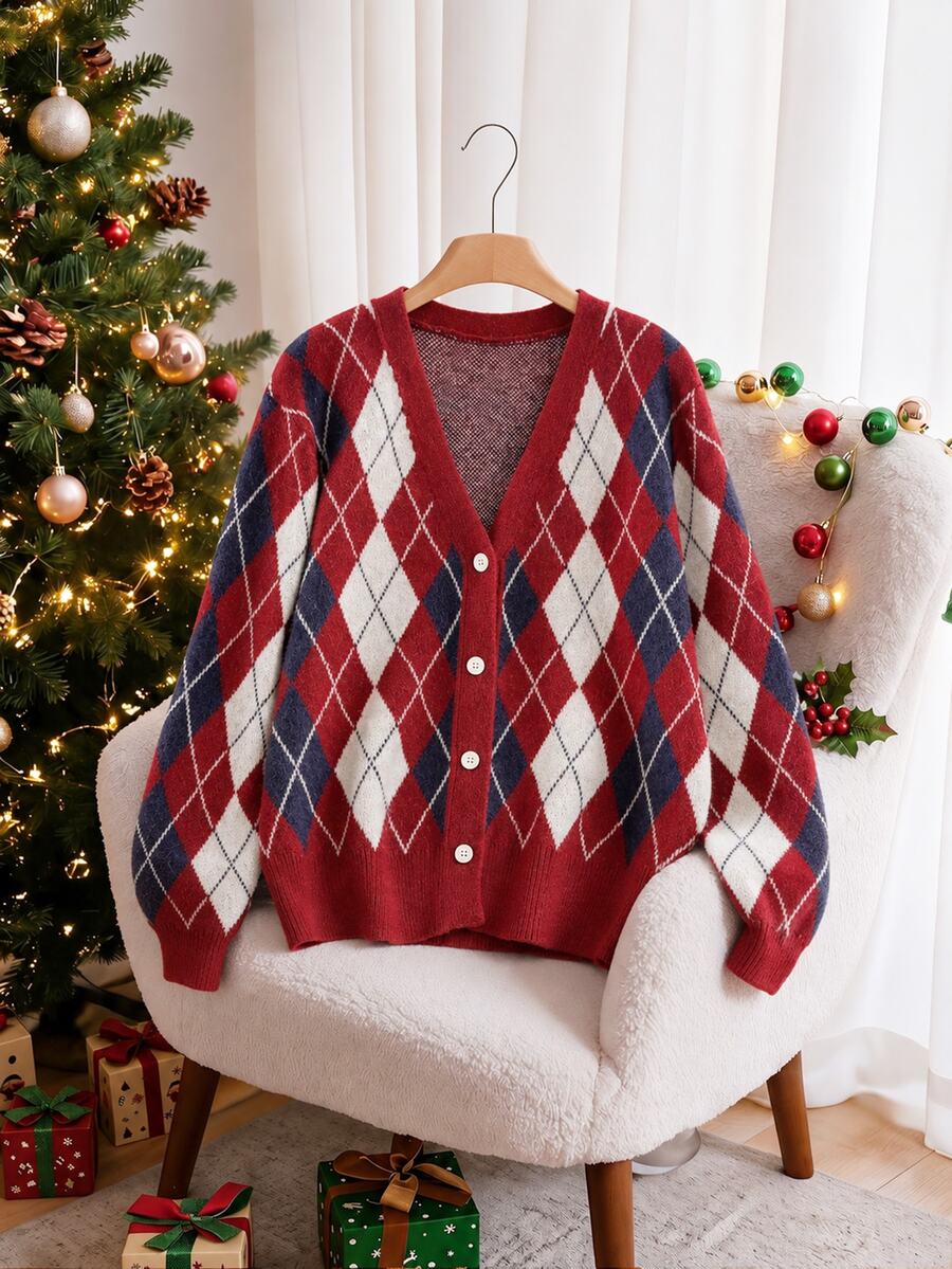 Story & Sage Women's Diamond Pattern Long Sleeve Single-Breasted Vintage Preppy Knit Cardigan Back To School Picnic Homecoming Sweater Autumn Brunch Navy Blue - Multicolor - View 1