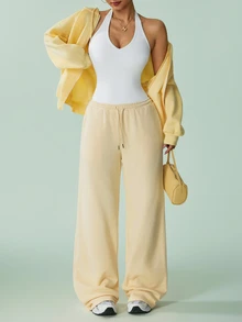 SHEIN Sovereign Charm بدلة رياضية نسائية بلون موحد بياقة على شكل حرف V عصرية - أبيض - مشاهدة 6