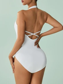 SHEIN Sovereign Charm بدلة رياضية نسائية بلون موحد بياقة على شكل حرف V عصرية - أبيض - مشاهدة 2
