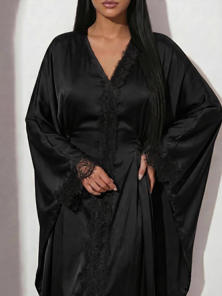 Veilorie Women's Elegant Solid Color Lace Patchwork Batwing Sleeve Dress Dinner Black Autumn - Black - View 5