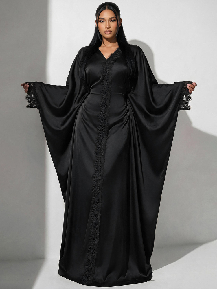 Veilorie Women's Elegant Solid Color Lace Patchwork Batwing Sleeve Dress Dinner Black Autumn - Black - View 1