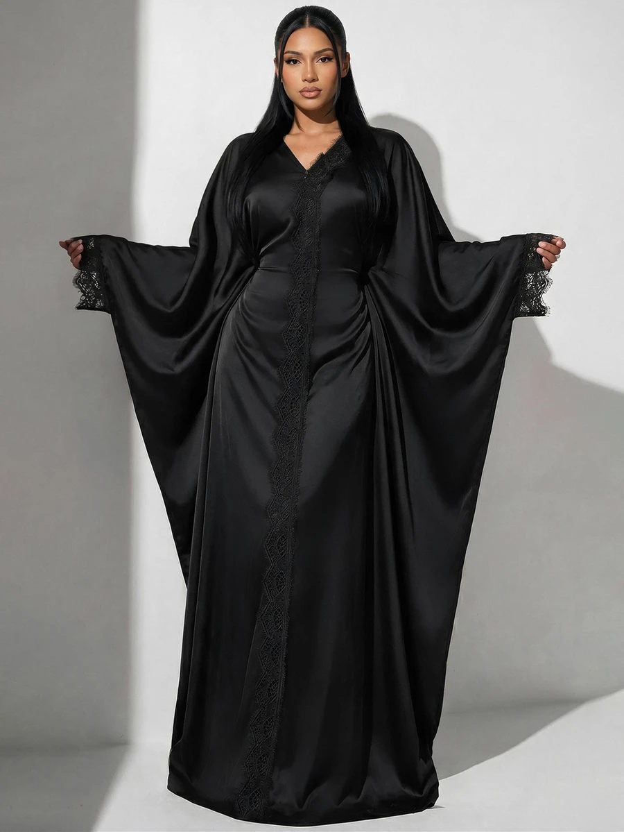 Veilorie Women's Elegant Solid Color Lace Patchwork Batwing Sleeve Dress Dinner Black Autumn - Black - View 1