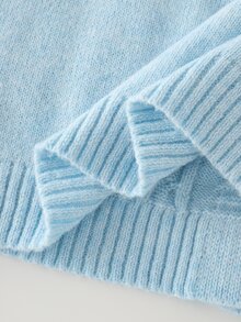 SHEIN Women's Round Neck Lazy Long Sleeve Knit Cardigan, Casual Knitted Autumn/Winter Clothing, Light Blue Loose Fashionable Commuter Outfit Short Versatile Twisted Rope Ruffle Cuff Sweater Jacket - Blue - View 7