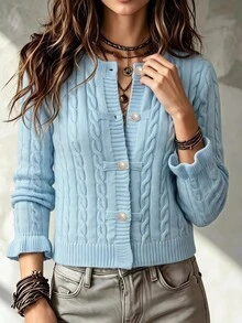 SHEIN Women's Round Neck Lazy Long Sleeve Knit Cardigan, Casual Knitted Autumn/Winter Clothing, Light Blue Loose Fashionable Commuter Outfit Short Versatile Twisted Rope Ruffle Cuff Sweater Jacket - Blue - View 4