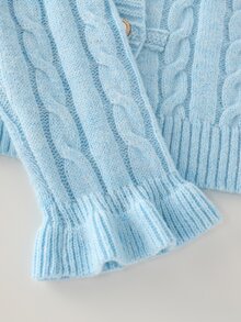 SHEIN Women's Round Neck Lazy Long Sleeve Knit Cardigan, Casual Knitted Autumn/Winter Clothing, Light Blue Loose Fashionable Commuter Outfit Short Versatile Twisted Rope Ruffle Cuff Sweater Jacket - Blue - View 9