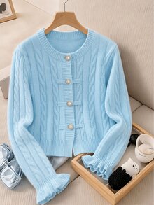 SHEIN Women's Round Neck Lazy Long Sleeve Knit Cardigan, Casual Knitted Autumn/Winter Clothing, Light Blue Loose Fashionable Commuter Outfit Short Versatile Twisted Rope Ruffle Cuff Sweater Jacket - Blue - View 6