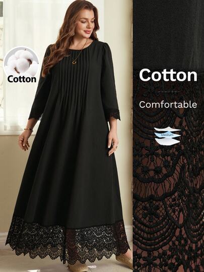 Rosumi Women's Plus Size Black Lace Dress, Autumn/Winter Fall Winter 2026 Winter Outfit For Women Black Casual Lace-Trimmed Long Dress