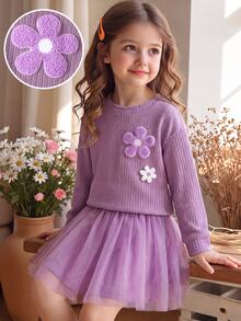 SHEIN 2pcs Young Girl Sweet Knit Floral Rib Knit Crewneck Long Sleeve Mesh Tulle A Line Skirt T Shirt Set Family Gathering Photo Shoot Fall Style - Purple - View 7