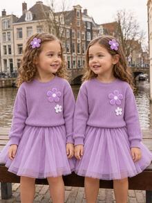 SHEIN 2pcs Young Girl Sweet Knit Floral Rib Knit Crewneck Long Sleeve Mesh Tulle A Line Skirt T Shirt Set Family Gathering Photo Shoot Fall Style - Purple - View 2