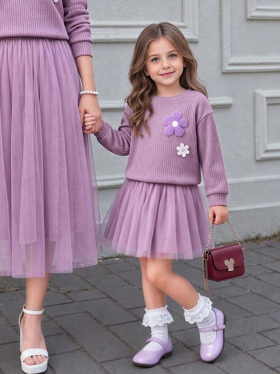 SHEIN 2pcs Young Girl Sweet Knit Floral Rib Knit Crewneck Long Sleeve Mesh Tulle A Line Skirt T Shirt Set Family Gathering Photo Shoot Fall Style - Purple - View 1