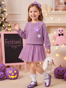 SHEIN 2pcs Young Girl Sweet Knit Floral Rib Knit Crewneck Long Sleeve Mesh Tulle A Line Skirt T Shirt Set Family Gathering Photo Shoot Fall Style - Purple - View 4