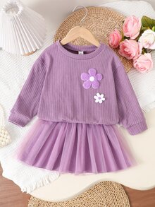 SHEIN 2pcs Young Girl Sweet Knit Floral Rib Knit Crewneck Long Sleeve Mesh Tulle A Line Skirt T Shirt Set Family Gathering Photo Shoot Fall Style - Purple - View 5
