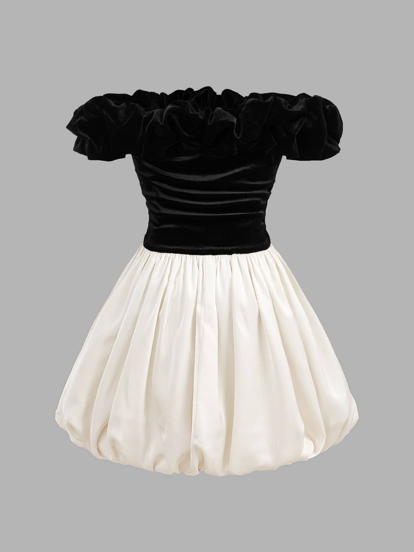 Pitira Tween Girl Tween Girls Black And White Color-Block Off-The-Shoulder Velvet Dress With Beaded Waist Detail; Suitable For Christmas, New Year, And Parties - Black - View 2