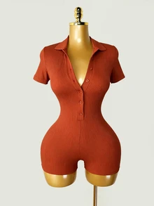 Mistrie Women's Fashion Versatile Casual Sexy Ribbed Button-Up Fitted Short Sleeve Romper Going Out Rust Orange Summer - Red - View 5