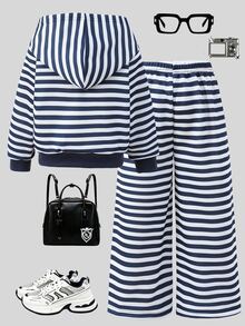 SHEIN 2pcs Young Girl 4-7Y Preppy Classic Striped Hooded Long Sleeve Zip Up Sweatshirt & Wide Leg Pants Set For Autumn School Sport Day Travel Outing - Black and White - View 4