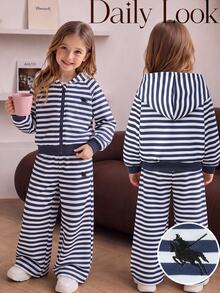 SHEIN 2pcs Young Girl 4-7Y Preppy Classic Striped Hooded Long Sleeve Zip Up Sweatshirt & Wide Leg Pants Set For Autumn School Sport Day Travel Outing - Black and White - View 3