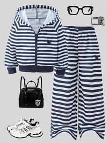 SHEIN 2pcs Young Girl 4-7Y Preppy Classic Striped Hooded Long Sleeve Zip Up Sweatshirt & Wide Leg Pants Set For Autumn School Sport Day Travel Outing - Black and White - View 5