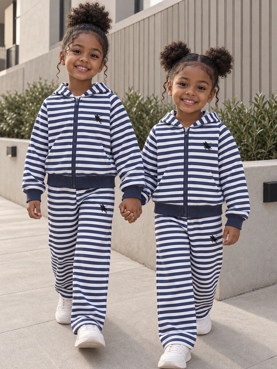 SHEIN 2pcs Young Girl 4-7Y Preppy Classic Striped Hooded Long Sleeve Zip Up Sweatshirt & Wide Leg Pants Set For Autumn School Sport Day Travel Outing