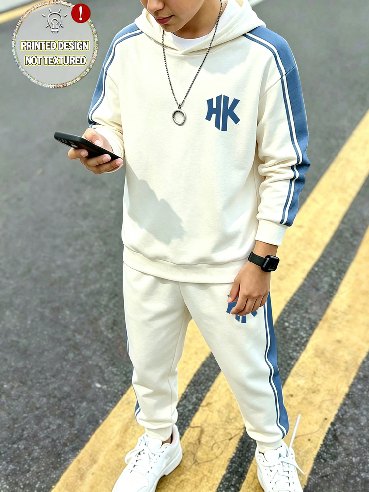 Teen Boys Hoodie Sweatpants Sets Baggy Navy White Contrast Stripe Letter Long Sleeve Loose Hooded Autumn Back To School Sixth Form Party Streetwear - Multicolor - View 7