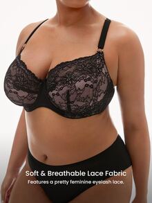 LUVLETTE Plus Woman Full Coverage Lingerie Curve Support & Breathable Underwire Sexy Unlined Minimizer Lace Elegance Bra Black Bridal Intimates - Black - View 4