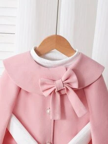SHEIN Elladie kids 女孩粉色披肩領斗篷大衣，附蝴蝶結，可愛少女風秋冬套裝，適合節慶派對與日常場合 - 粉色 - 查看 8