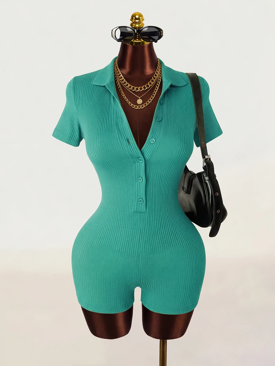 Mistrie Women's Solid Color Casual Everyday Romper - Teal Blue - View 1