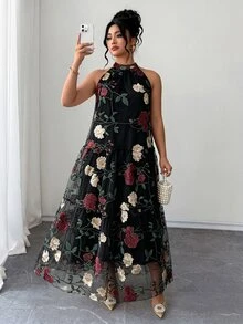 Elenzga 女款大尺碼玫瑰金花卉刺繡優雅星空長洋裝，無袖長裙，適合婚禮賓客、雞尾酒會、萬聖節、夏季穿著 - 黑色 - 查看 4