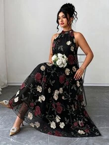 Elenzga 女款大尺碼玫瑰金花卉刺繡優雅星空長洋裝，無袖長裙，適合婚禮賓客、雞尾酒會、萬聖節、夏季穿著 - 黑色 - 查看 7