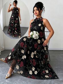 Elenzga 女款大尺碼玫瑰金花卉刺繡優雅星空長洋裝，無袖長裙，適合婚禮賓客、雞尾酒會、萬聖節、夏季穿著 - 黑色 - 查看 9