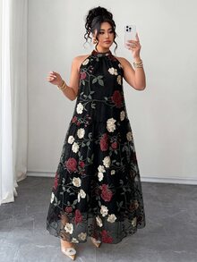 Elenzga 女款大尺碼玫瑰金花卉刺繡優雅星空長洋裝，無袖長裙，適合婚禮賓客、雞尾酒會、萬聖節、夏季穿著 - 黑色 - 查看 6