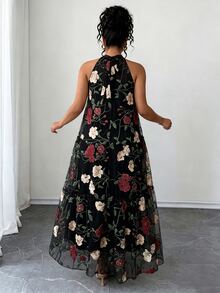 Elenzga 女款大尺碼玫瑰金花卉刺繡優雅星空長洋裝，無袖長裙，適合婚禮賓客、雞尾酒會、萬聖節、夏季穿著 - 黑色 - 查看 2