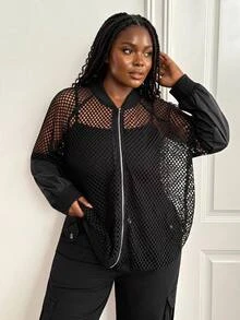 SHEIN CURVE+ Plus Size Women's Solid Color Hollow Out Long Sleeve Zipper Front Baseball Jacket Fall - Black - View 1
