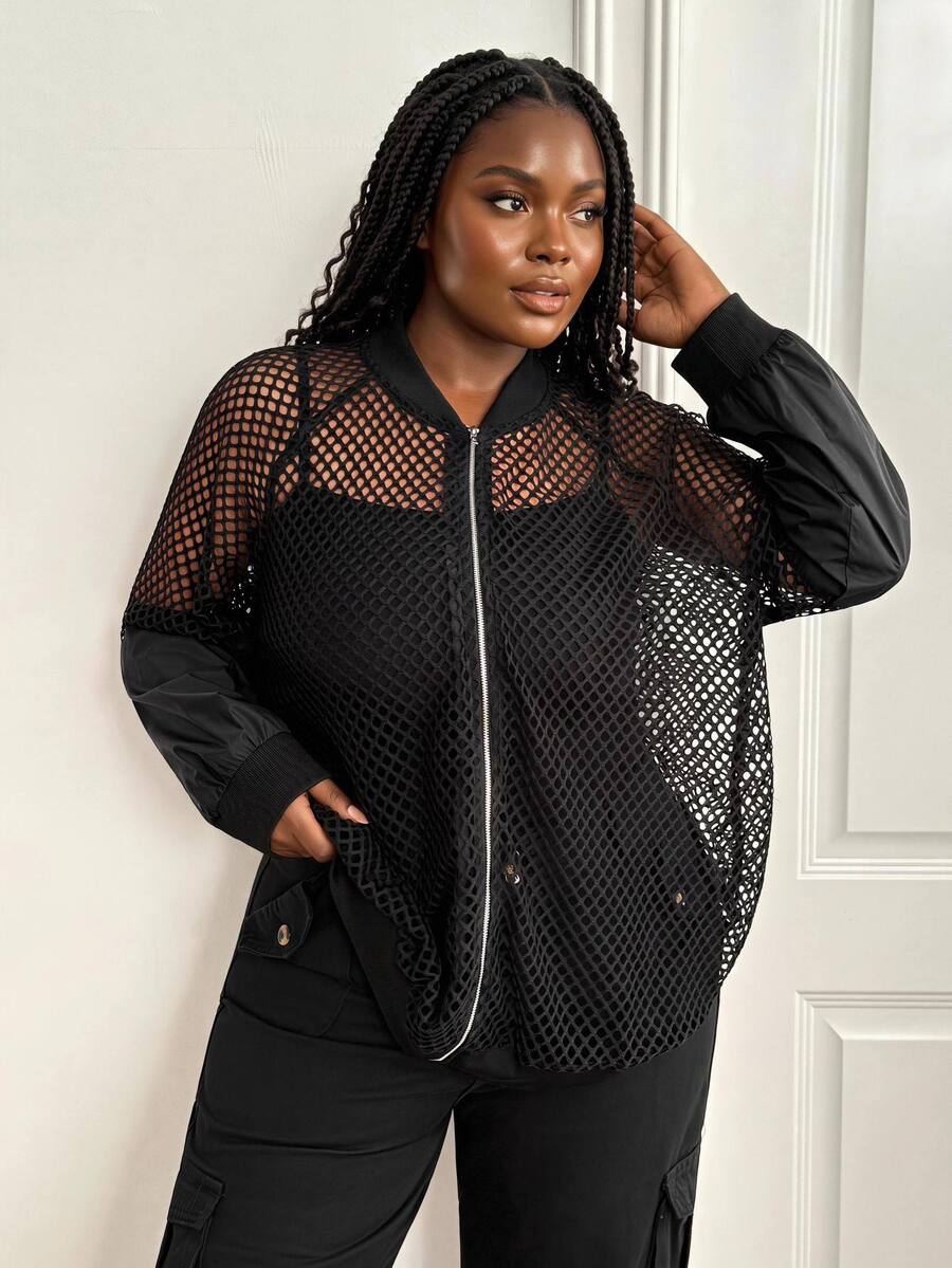 SHEIN CURVE+ Plus Size Women's Solid Color Hollow Out Long Sleeve Zipper Front Baseball Jacket Fall - Black - View 1