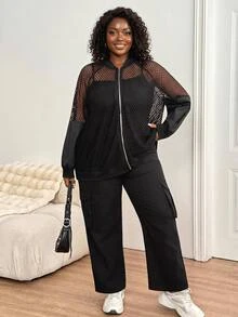 SHEIN CURVE+ Plus Size Women's Solid Color Hollow Out Long Sleeve Zipper Front Baseball Jacket Fall - Black - View 3