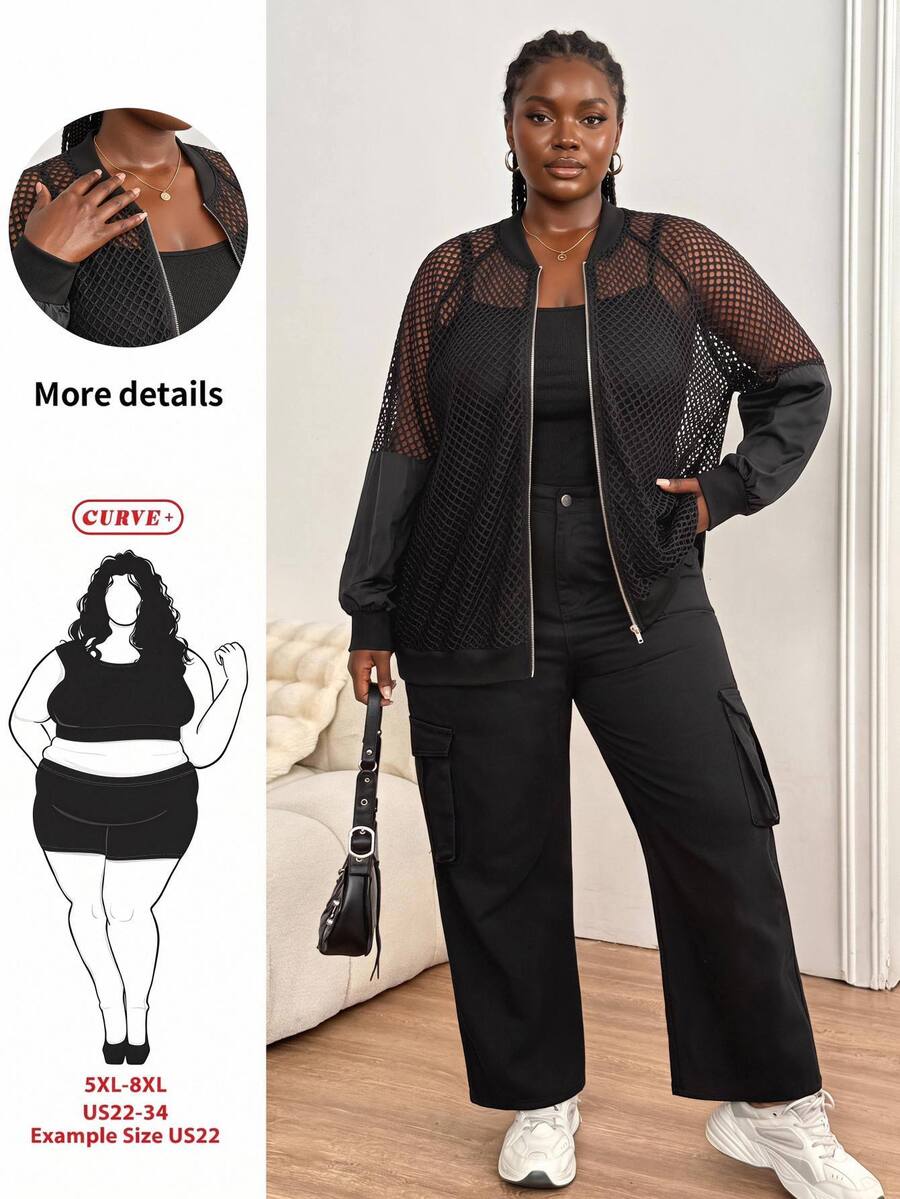 SHEIN CURVE+ Plus Size Women's Solid Color Hollow Out Long Sleeve Zipper Front Baseball Jacket Fall - Black - View 1
