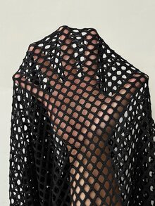 SHEIN CURVE+ Plus Size Women's Solid Color Hollow Out Long Sleeve Zipper Front Baseball Jacket Fall - Black - View 6