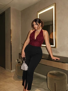 Firerie Plus Size Women Solid Color High Waist Split Design Slim Fit Long Pants Cocktail Going Out Party Night Black Autumn Elegant Party Pants - Black - View 7