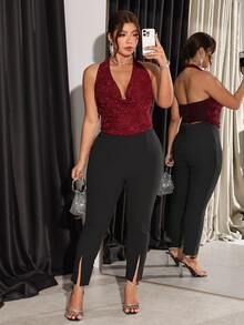 Firerie Plus Size Women Solid Color High Waist Split Design Slim Fit Long Pants Cocktail Going Out Party Night Black Autumn Elegant Party Pants - Black - View 12