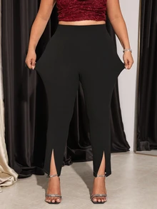 Firerie Plus Size Women Solid Color High Waist Split Design Slim Fit Long Pants Cocktail Going Out Party Night Black Autumn Elegant Party Pants - Black - View 13